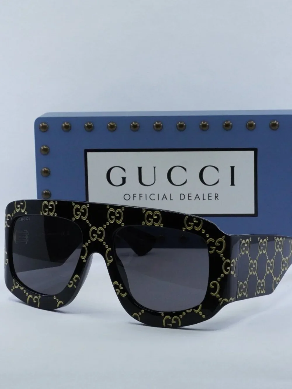 Gucci GG0983S 004 Square Sunglasses - Black With Gold GG Pattern\Grey